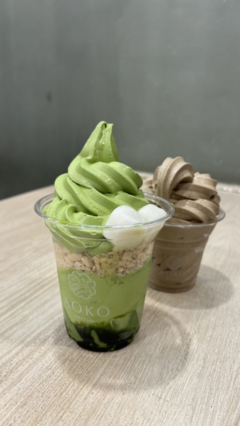 A matcha soft-serve and a layered matcha drink